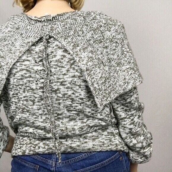 Umgee Chunky Knit Off‎ Shoulder Cowl Neck Sweater Small Collar Heathered Green - Picture 2 of 8